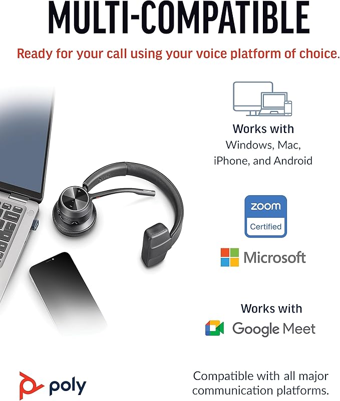Poly Voyager 4310 UC Wireless Headset (Plantronics) - Single-Ear Bluetooth Headset w/Noise-Canceling Mic - Connect PC/Mac/Mobile via Bluetooth - Works w/Teams, Zoom, & More - Amazon Exclusive