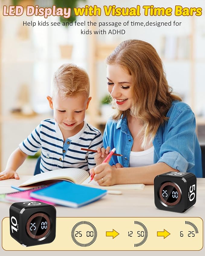 Pomodoro Timer Cube Visual Productivity Flip Timer for Kids Classroom Desk, 5/10/25/50min& Custom Countdown, Silent&Sound Mode Digital Cube for ADHD Study Work School Game Kitchen (Black)