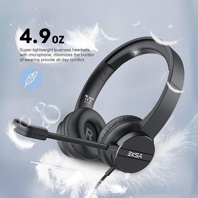 EKSA Wired Headset with Mic, Computer Headset with Microphone for PC, 3.5mm Headset with Mic with Noise Cancelling for PC/Laptop/Call Center/Work/Office, Lightweight Comfortable On Ear Headphones