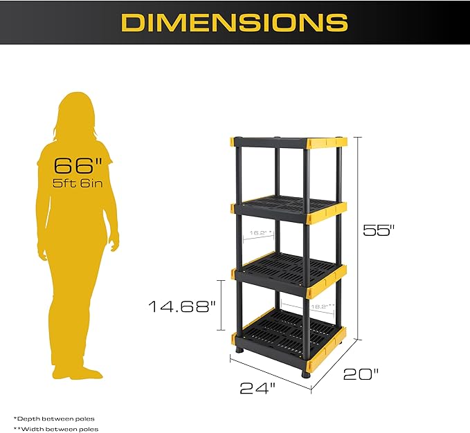 BLACK & YELLOW 4-Tier Heavy Duty Plastic Storage Shelving Unit, 100lbs/shelf (55"H x 24"W x 20"D), for Indoor/Outdoor Organization, Modular Rack, Extremely Durable, Made in The USA