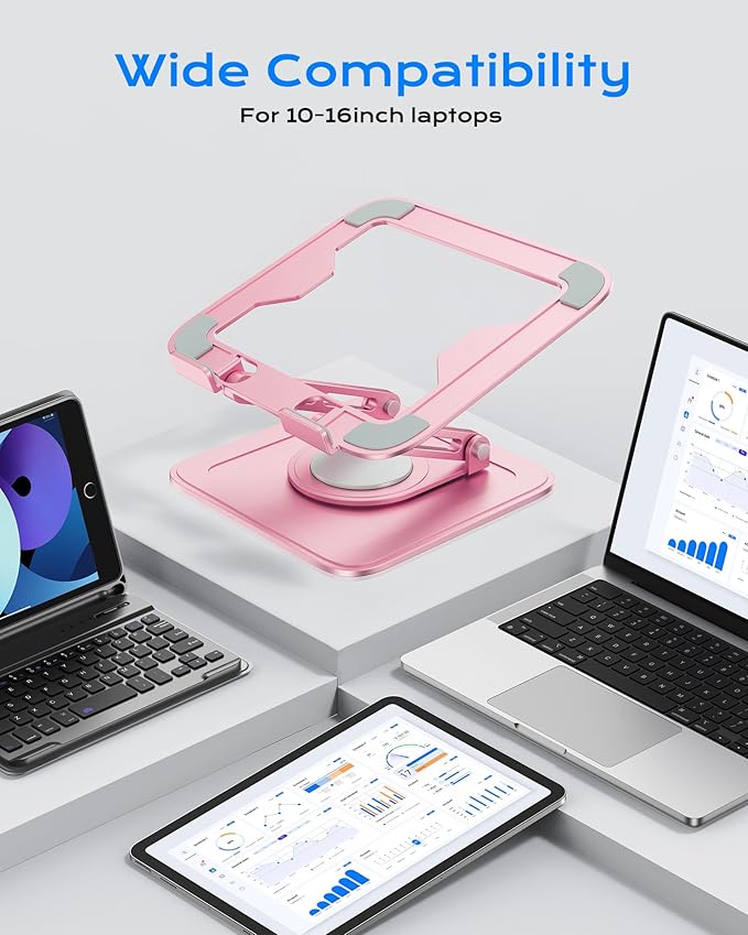 Adjustable Laptop Stand, Computer Stand with 360 Rotating Base, Ergonomic Laptop Riser Mount for Desk Foldable Protable Computer Desk Fits with MacBook Pro Air (10-16") - Pink