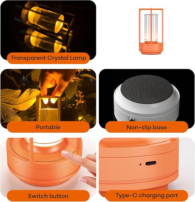 Portable Outdoor Table Lamp, Cordless Dimmable Touch Table Light, Rechargeable Battery Operated Small Lamp with 3 Colors and Brightness Control for Bedroom/Patio/Camping/Bar/Coffee Shop (Orange)