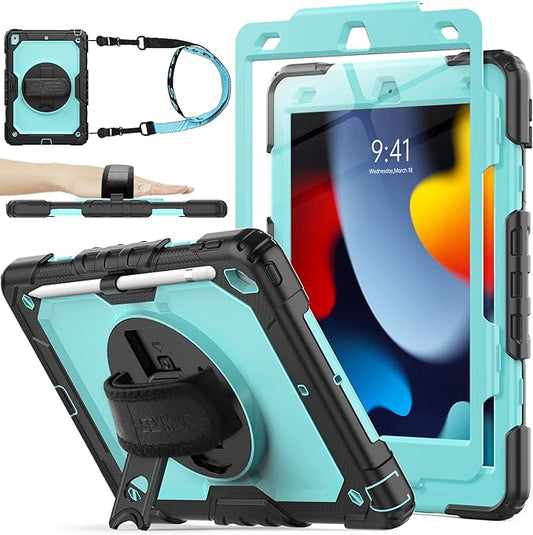 SEYMAC stock Case for iPad 9th/ 8th/ 7th Generation 10.2'', Shockproof with Screen Protector, Pencil Holder [360° Rotating Hand Strap] & Stand, for iPad 10.2 inch 2021-2019 (SkyBlue+Black)