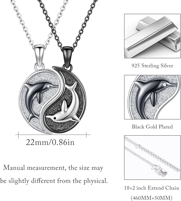 Yin Yang Necklaces 925 Sterling Silver Friendship Sun Moon/Mountain/Dolphin/Tree of Life/Flower/Wings Pendant Necklace Moonstone Abalone Opal Jewelry for Women Men Couples