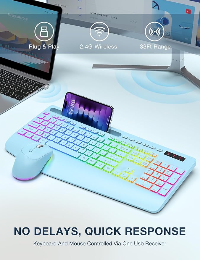 Wireless Keyboard and Mouse Combo, 9 Backlit Effects, Wrist Rest, Phone Holder, 3 DPI Speed, 2.4G Ergonomic Keyboards, Rechargeable Silent Cordless Set for Computer, Laptop, Mac, Windows, Blue-SABLUTE