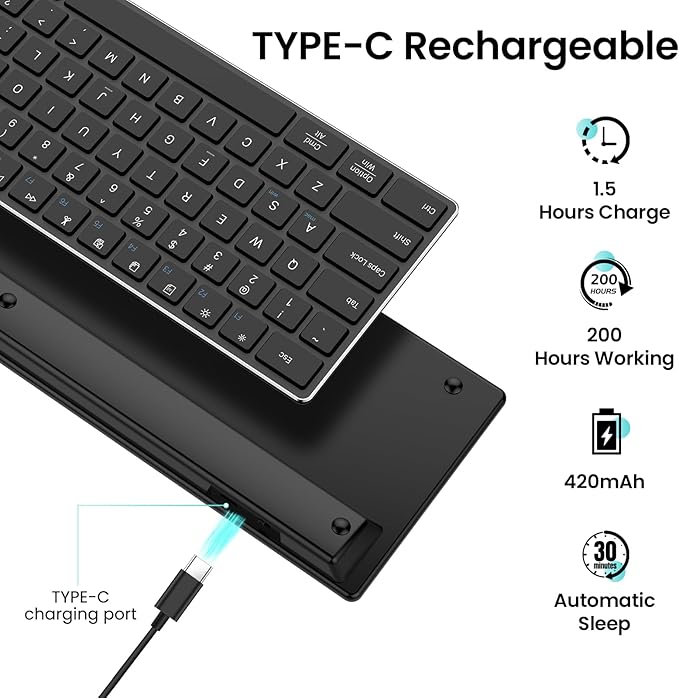 TIETI 2.4G Wireless Bluetooth Keyboard Rechargeable, Stainless Steel Ultra Slim Full Size Keyboard with Numeric Keypad Low Profile Silent Cordless Keyboards for Computer/Mac/Windows