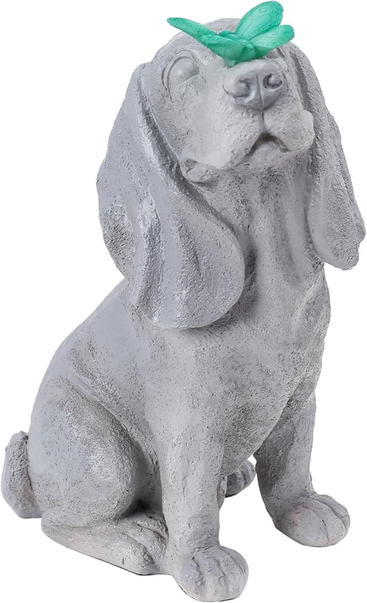 Garden Statue Dog Figurines - Outdoor Dog Statue with Solar Butterfly Lights for Patio Yard Art Decor Balcony Lawn Ornament. Ideal Housewarming Gardening Gifts for Dad Mom