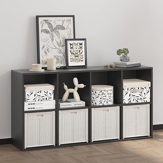 Wooden 8 Cube Storage Organizer with Closed Back Panel,White Shelf Heavy Duty Cubby Storage Organizer with Compartments for Living,Display Shelf,Bookshelf (Black, 8-Cube)