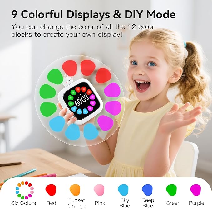 Yunbaoit Digital Visual Timer for Kids, Rechargeable 99-Minute Silent Countdown Timer with 19 Ringtones, 9 Optional DIY Color Petal Display, Time Management Tool with Pause Function (3 Dolls)