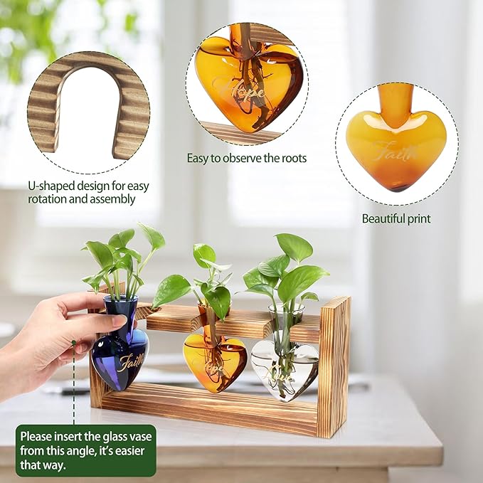 Plant Terrarium Propagation Stations Faith Hope Love Hydroponics Home Garden Decoration Gift for Women with Wooden Stand Heart Shaped Colored Glass Vase