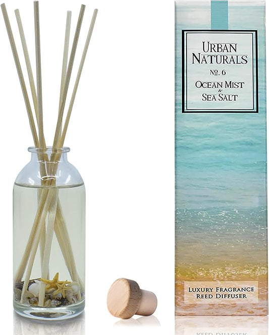 Urban Naturals Ocean Mist & Sea Salt Reed Diffuser Set | Made with Essential Oils & Real Seashells | Decorative Air Freshener Room Diffuser