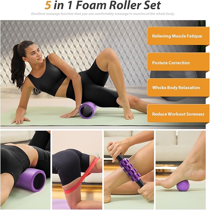 5 in 1 Foam Roller Set - Trigger Point Foam Back Roller, Muscle Roller Stick, Massage Ball, Stretching Band for Deep Muscle Massage Pilates Yoga,Fitness Exercise for Whole Body Release (Purple)