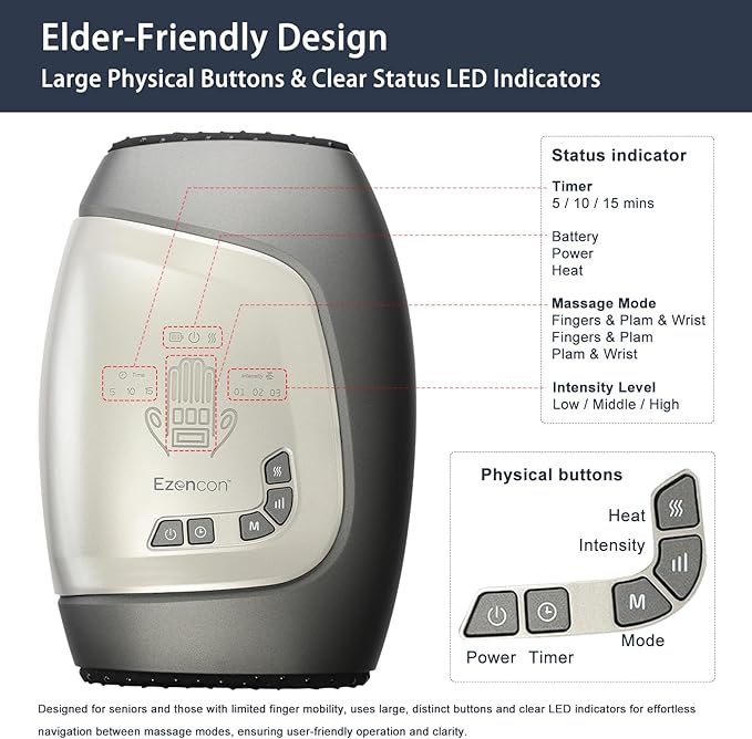 Electric Hand Massager,Cordless Hand Massager, 3 Level Heating, Fingers Palm and Wrist Chooseable, Glove-Like, Finger Separation