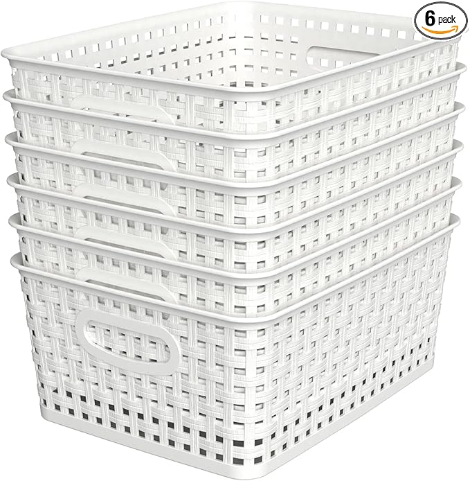 WYT Woven Plastic Storage Baskets, 6 Pack White Weave Bins Organizer, 10.1" x 7.55" x 4.1"