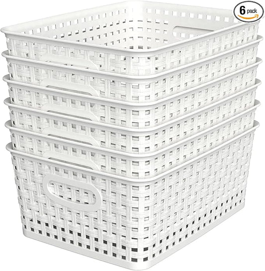 WYT Woven Plastic Storage Baskets, 6 Pack White Weave Bins Organizer, 10.1" x 7.55" x 4.1"