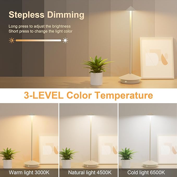 2-Pack 6000mAh Rechargeable Led Table Lamp Cordless,3000K-6000K Stepless Dimming Touch Lamps with Memory Function,IP54 Waterproof Aluminum Table Light for Outdoor/Bars/Restaurant/Patio(Beige)