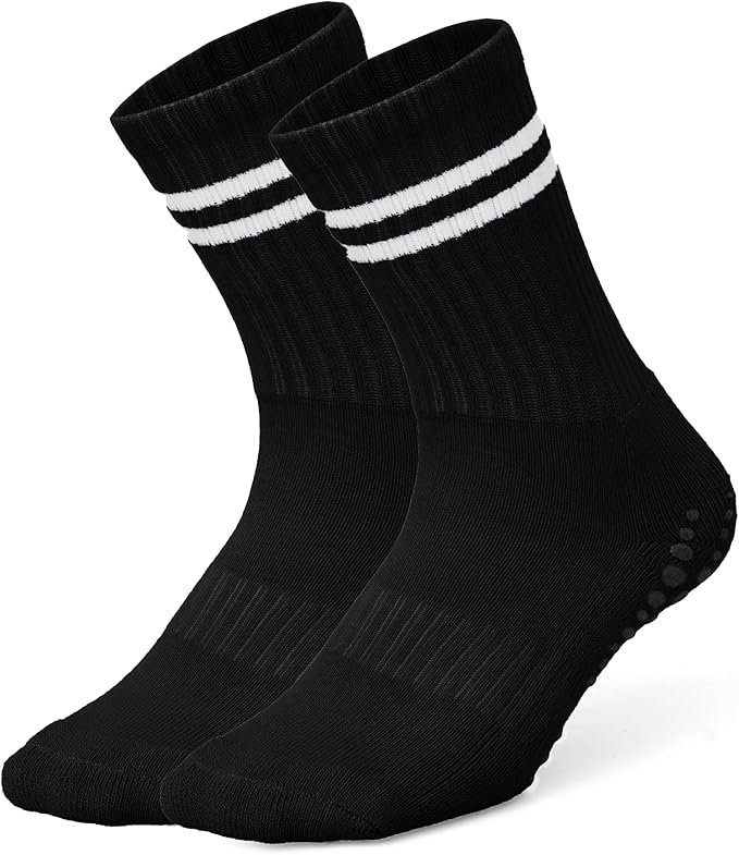 AMELLE Pilates Mid Crew Grip Socks for Women Non Slip – Half Cushioned Striped Yoga Barre Crew Socks with Grips – Anti Skid