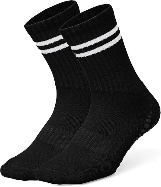 AMELLE Pilates Mid Crew Grip Socks for Women Non Slip – Half Cushioned Striped Yoga Barre Crew Socks with Grips – Anti Skid