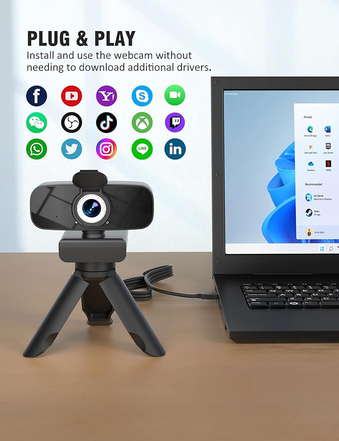 RUWBY Full HD 1080P Webcam with Microphone and Rotatable Tripod, Light Correction, Wide Angle and Plug and Play Video Camera for Desktop PC or Laptop