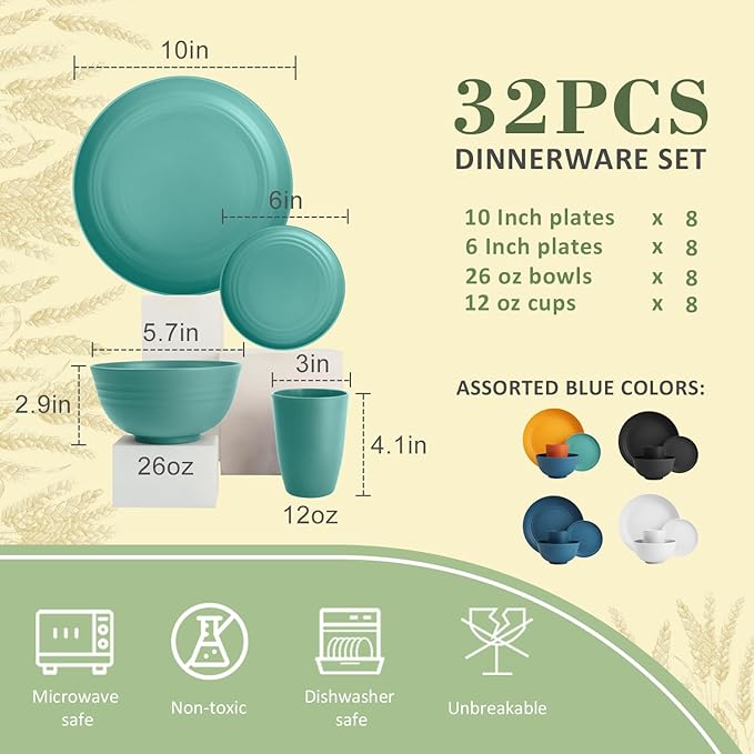Wheat Straw Dinnerware Set of 32,Unbreakable Dinner Plates and Bowls Dishes Sets Service for 8,Dishwasher Safe Dinnerware Sets for Kitchen and Camping.Green