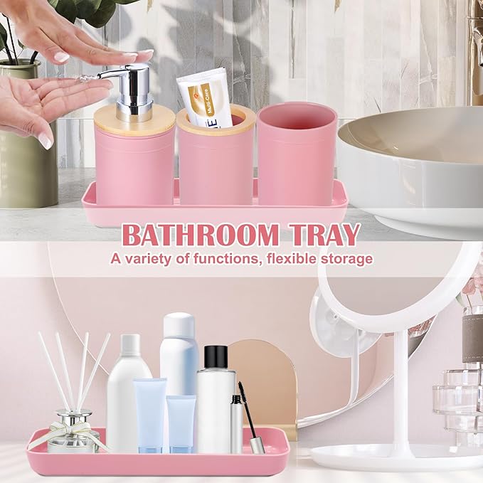 iMucci 9Pcs Pink Bathroom Accessories Set - with Trash Can,Toilet Brush,Toothbrush Holder, Lotion Soap Dispenser, Soap Dish,Toothbrush Cup,Qtip Holder,Tray