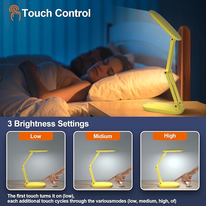 LED Desk Lamp for Office Home & Battery Operated Lamp Rechargeable Lamp Foldable & Portable Light, [2-Fold Bracket] 3 Brightness Dimmable Small Desk Lamp Wireless Reading Lamp (Yellow)