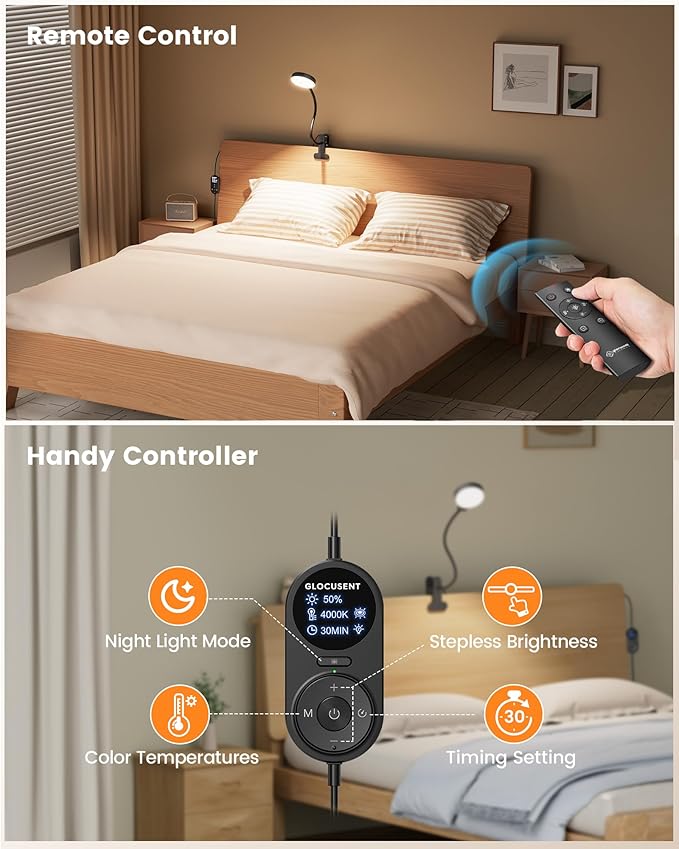 Glocusent 72 LED Clip on Lamp with Remote, Reading Light with Amer Ring Night Light, 3 Colors & 5 Dimmable Desk Lamp with Clamp, Auto-Off Timer for Night Reading, Bed Light for Headboard/Dorm/Bunk