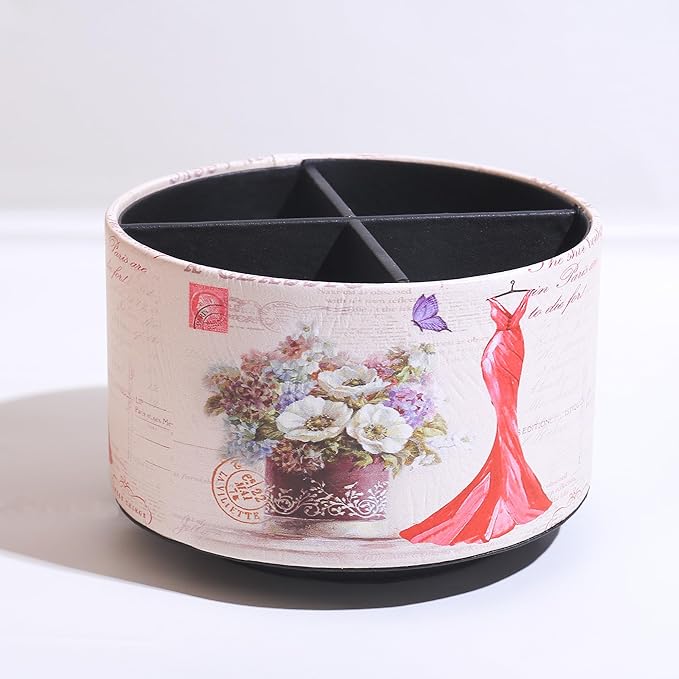 360° Rotate Desk Pen Organizer, Makeup Brush Holder Organizer, Makeup Organizers Countertop, TV Remote Control Holder,Leather Remote Caddy,Dual-Purpose Art Supply Pencil Cup (Red Dress)