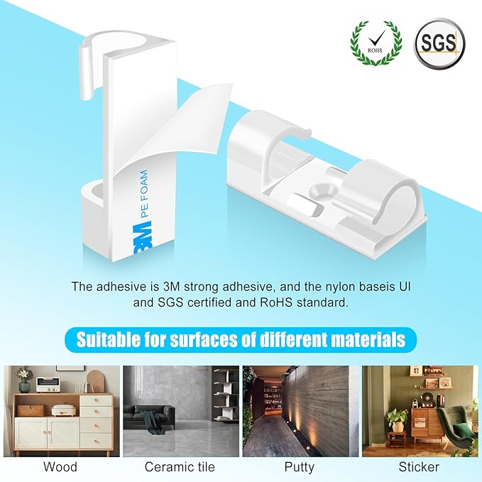 XHF 50pcs Medium Self Adhesive Cable Clips White,Wire Clips Cable Management Wire Organizer Cord Holder for Under Desk, Car, Wall, TV PC Ethernet Cable