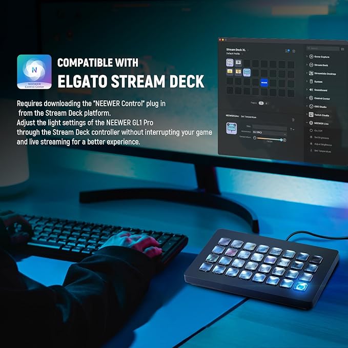 NEEWER 15.5" LED Streaming Key Light, Clamp on Desk Panel Video Lighting for Gaming Recording Zoom Call, CRI97+, 2.4G PC/Mac iOS/Android APP Control, Compatible with Elgato Stream Deck, GL1 PRO Black