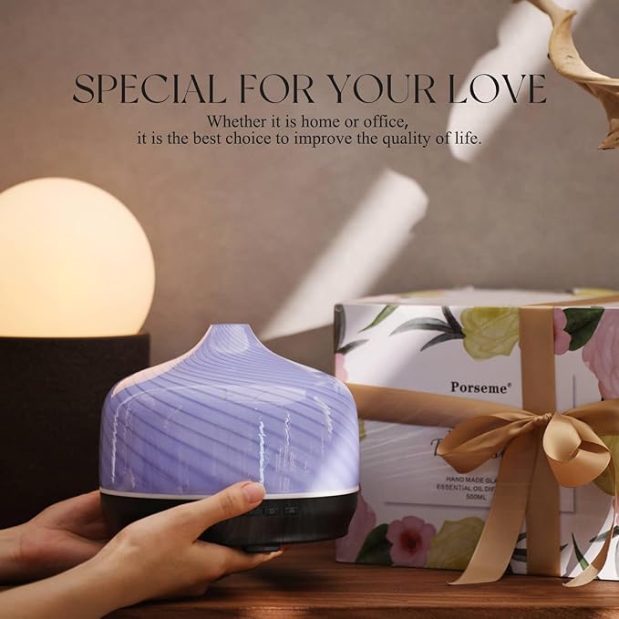 Porseme 500ml Glass Essential Oil Diffuser Aromatherapy Ultrasonic Cool Mist Humidifier 15-21 Running Hours Waterless Auto-Off Air Diffusers for Sleeping Yoga Office Working Spa and Rest (Pure Purple)