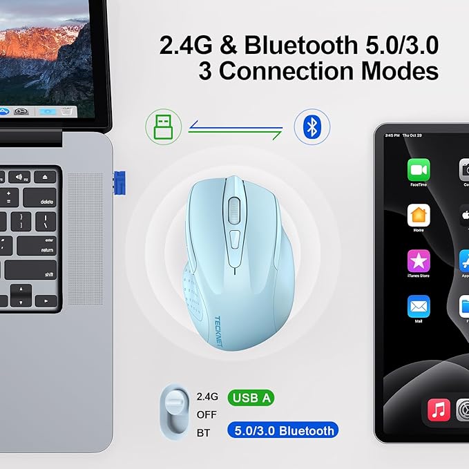 TECKNET Wireless Mouse (2.4G & BT5.0/3.0) Silent 4800 DPI Computer USB A & Bluetooth Mouse 6 Buttons, Wide Compatibility - Lightblue