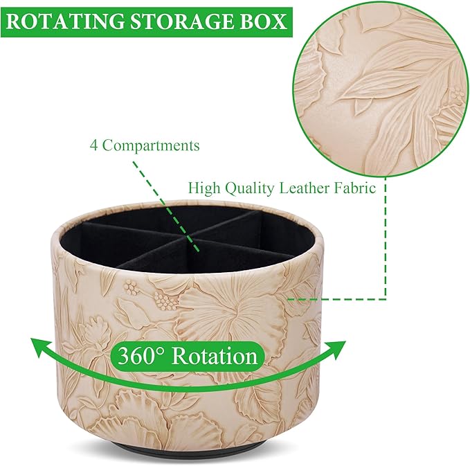 Hennaja Round Leather Art Supply Organizer,Remote Control Holder,360 Degree Spinning,Multi-Functional Pencil Holder,4 Compartments Desktop Stationary Organizer(1-Carved Light Brown)