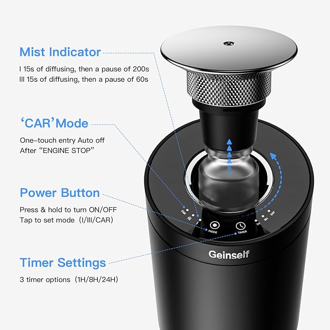 Waterless Essential Oil Diffuser, Smart Auto On/Off Car Diffuser Air Freshener, 3 Countdown Timer& 2 Mist Levels Mini Scent Diffuser Rechargable for Car, Premium Aluminum (Black)