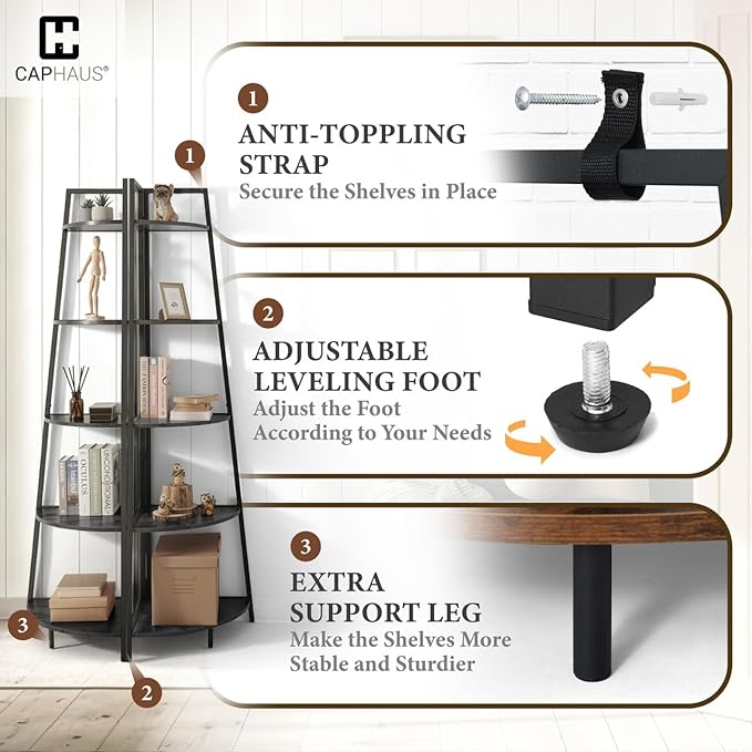 CAPHAUS Tall Corner Shelf Stand, 4-Tier Display Shelves, Ladder Corner Wood Storage Plant Bookshelf with Metal Frame, Versatile Shelving Unit Bookcase for Home Office Space, Black