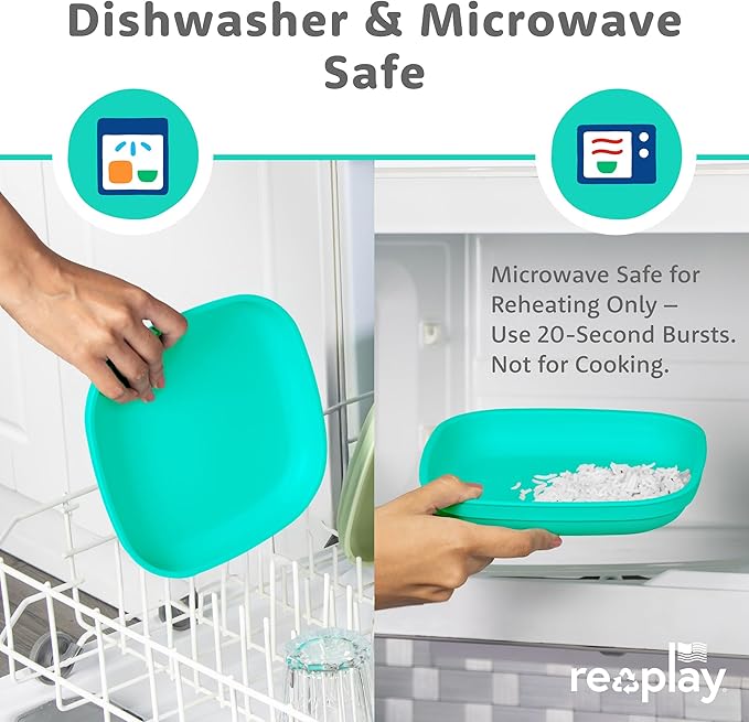 Re-Play Toddler Plates - 22 Oz. Deep-Walled Flat Kids Plates with Lid - Dishwasher & Microwave Safe - Made in USA - Set of 3-7.37" x 7.37" x 1.25" - Aqua Asst