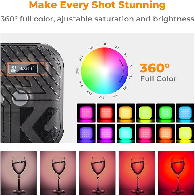 K&F CONCEPT RGB Video Light, 360° Full Color Portable Photography Light, LED Camera Light w 21 Light Effects, 2500K-9900K CRI 96+, 2000mAh Rechargeable Photography Lighting for Vlogging, Selfie, Black