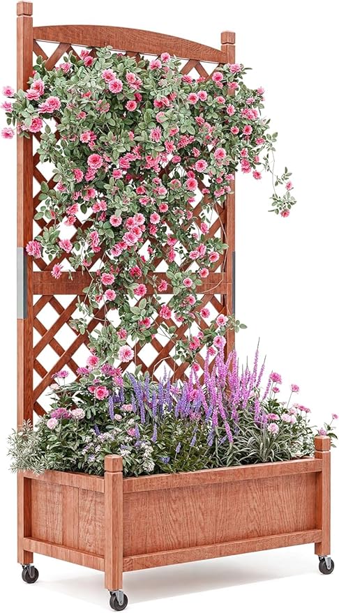 Raised Garden Bed on Wheels, Elevated Raised Wood Planter Box with Legs, Elevated Garden Bed for Vegetables, Standing Garden Container for Backyard, Patio (1 Pcs With Wheels and Trellis)