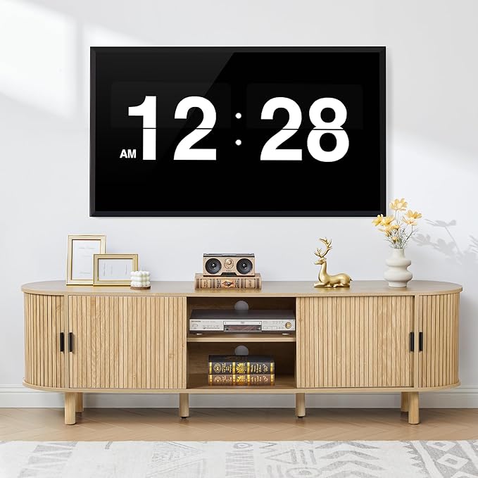 70-Inch Mid Century Modern TV Stand, Curved Entertainment Center with Fluted Sliding Doors, Storage Cabinet for TVs up to 75 Inch, Media Console for Living Room, Bedroom, Natural