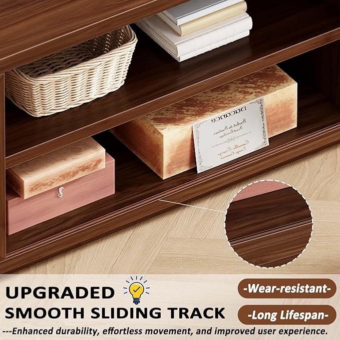 HSH Walnut TV Stand for 60 Inch TVs,Entertainment Center with Storage and Sliding Doors,Farmhouse Tv Stand Wood for Living Room,Low Media Console Cabinet for Bedroom,55 Inch