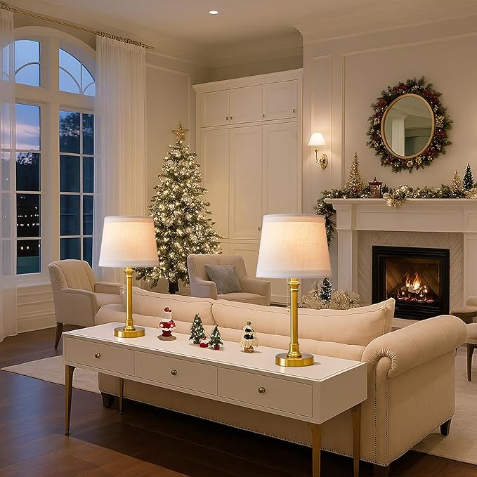 Oneach 19.5” Gold Table Lamps Set of 2, Pull Chain Switch Bedside Table Lamps, Modern Nightstand Lamp with White Linen Shade, Small Brass Lamp for Living Room, Bedroom, Home Office, Nursery