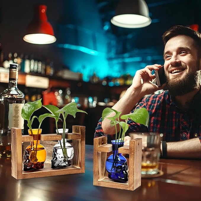 2+1 Plant Terrarium Plant Propagation Station Gifts for Father Halloween Skull Home Office Decor with Wooden Stand