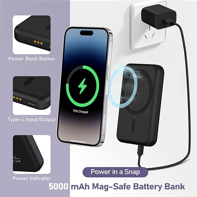 3 in 1 Wireless Charging Station: 5000mAh Removable Power Bank Charger Stand for iPhone/Apple Watch/Airpods - Portable Magnetic Battery Pack for Air 17 16 15 14 13 12 Series