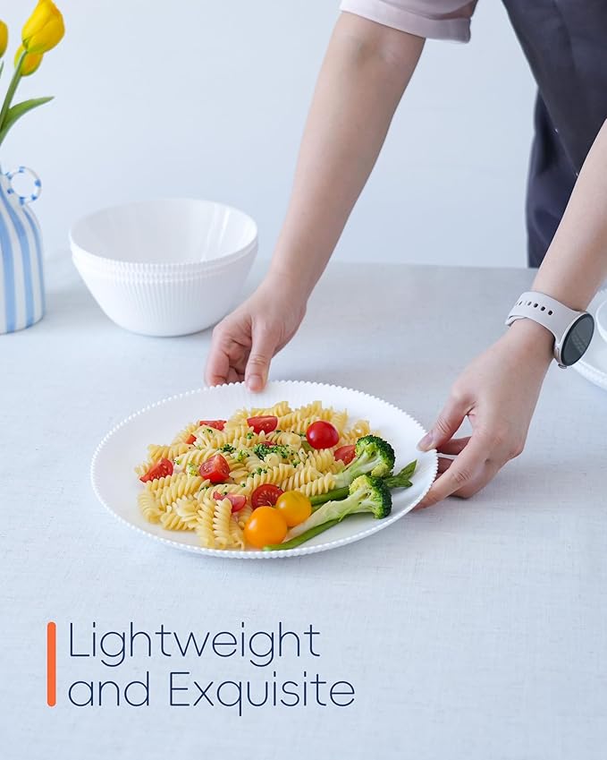 10.5 inch Ribbed Dinner Plate Set of 6, Round Opal Glass White Dinnerware Plates, Dishwasher and Microwave Safe