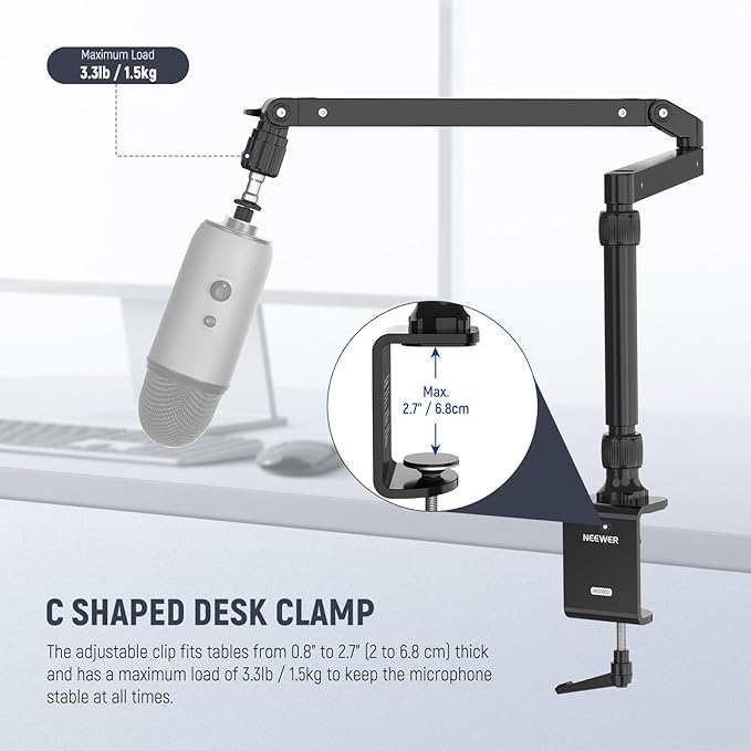 NEEWER Low Profile Mic Arm Desk Stand Mount with Damping, 360° Swivel Articulating Boom Arms with Heighten Pole & Cable Management Channels for Microphone Podcast Gaming Streaming Zoom Calls, MST002