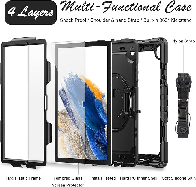 Case for Samsung Galaxy Tab A8 10.5-inch Tablet Case 2022 [with Tempered Glass Screen Protector], 360° Rotatable Kickstand/Hand & Shoulder Strap/S Pen Holder (Black)