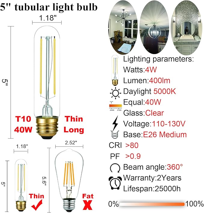 LiteHistory E26 LED Bulb 4W Equal 40 Watt Light Bulbs Daylight 5000K E26 Edison Bulb AC120V 400lm Dimmable 5 Inch T10 led Bulb Tubular for Rustic Pendant,Chandeliers,Wall sconces Pack of 6