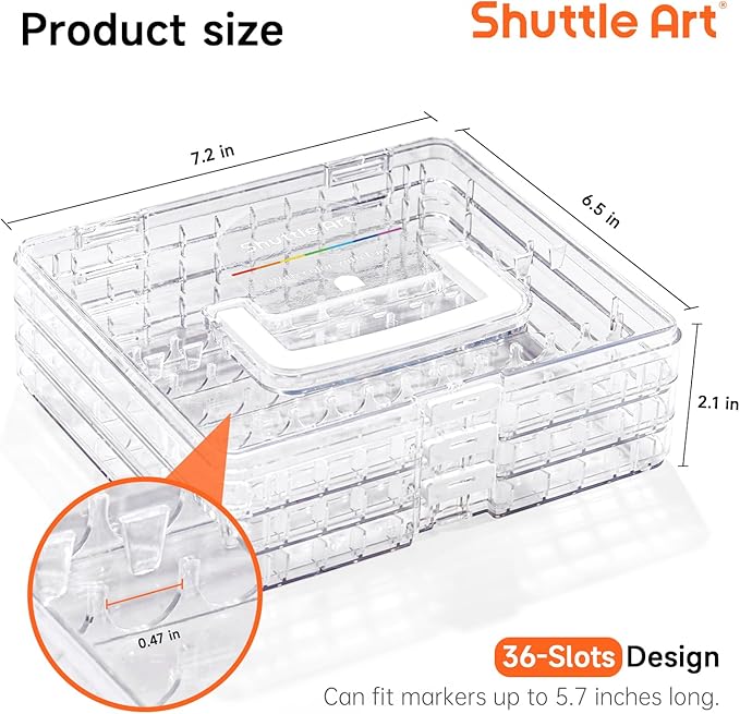 Shuttle Art 36 Markers Acrylic Marker Organizer, Portable 3-Layer Transparent Storage Box, Stackable Pen Holder for Art Supplies,Ideal for Home, Office & School Desk Organization