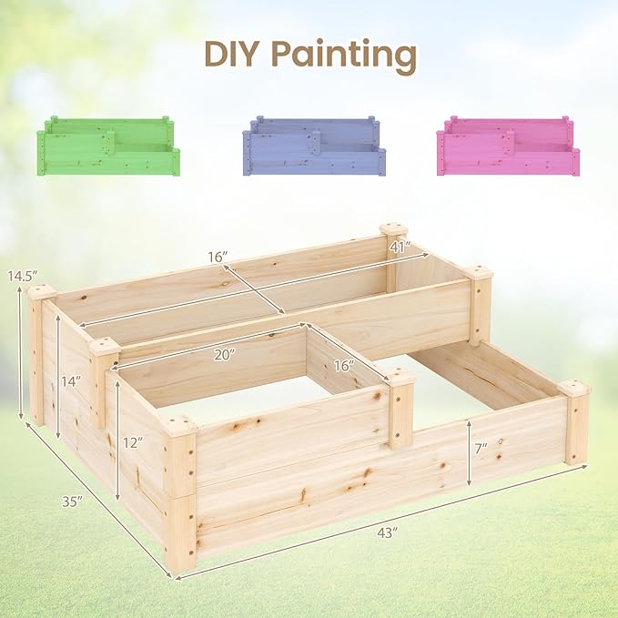 HAPPYGRILL 3-Tier Raised Garden Bed, Wood Elevated Planter Box w/Open-Ended Base, 3 Planting Depths& 2 Arrangement Options for Yard Lawn, Outdoor Planter Raised Beds for Vegetables Herbs Fruits