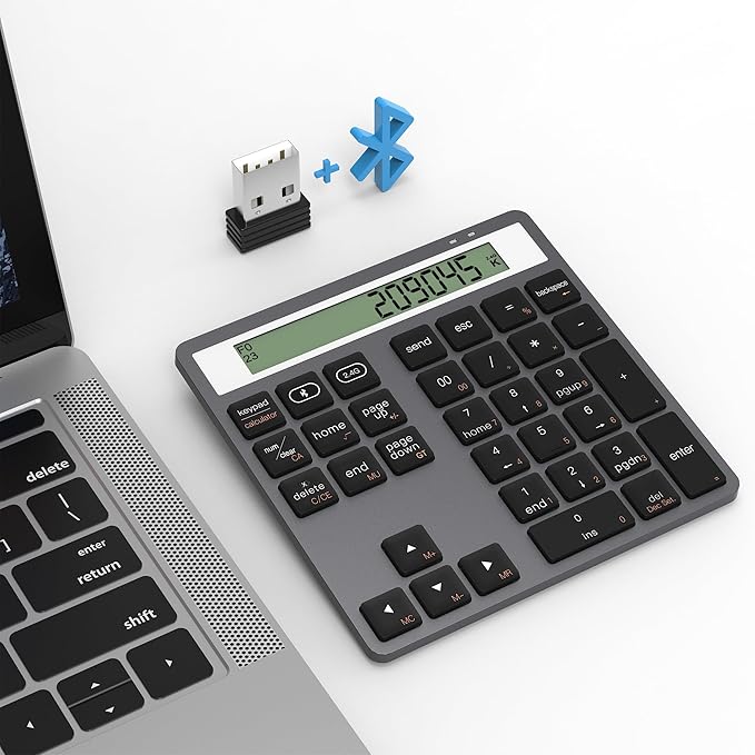 Bluetooth Number Pad - 2.4G Wireless Numeric Keypad with Display Calculator - Wireless Number Pad Slim 34-Key Portable Financial Accounting Numpad Data Entry & Calculation 2in1 for Laptop Desktop PC